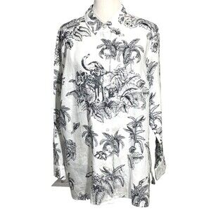 Tommy Bahama Womens XL Linen Shirt  White Black Print Button Front Beach Resort